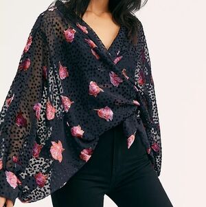 Free People Allure Velvet Burnout Kimono Black Pink Tie-front Whimsigoth Fairy